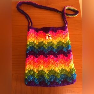 Rainbow colored handmade crocheted bag